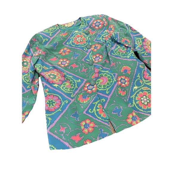 Vintage Encore Hong Kong 100% Silk Skirt Suit Set M 8-10 Teal Pink Floral - Picture 7 of 13